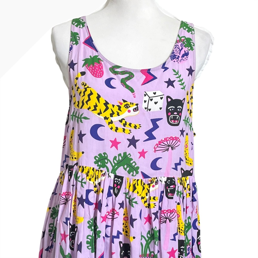 Nooworks Naomi Dress Hasting Print Purple Retro Rayon Midi Sleeveless Medium - Picture 3 of 9
